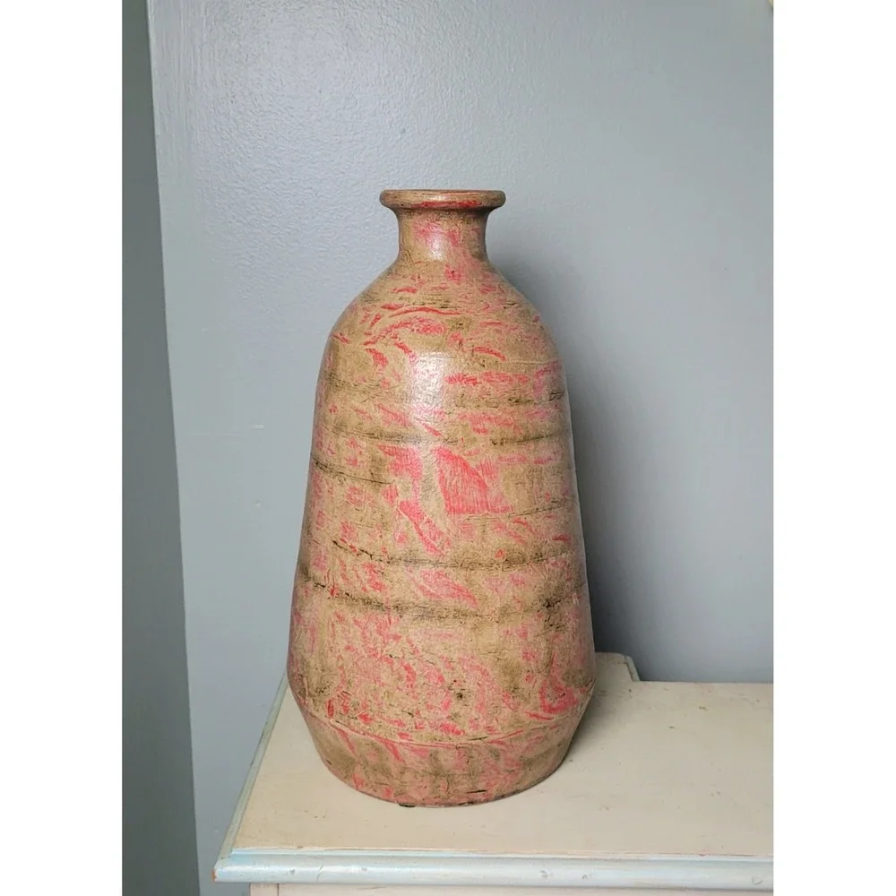 Vintage‎ Mexican Terracotta Vase Pink Tan Distressed Rustic Pottery 12 Inch